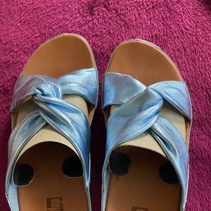 Fitflop blue metallic slides most comfy microwobbleboard sole.